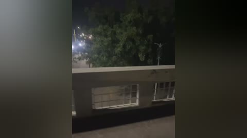 Video of a dimly-lit urban scene at night. The foreground shows a white concrete railing with a mesh window below. In the background, a bright light shines from a building, contrasting with dark, leafy trees.