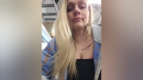 Video of a fair-skinned blonde woman with long hair, wearing a blue and white plaid shirt over a black top, sitting in a dimly lit room with metal structures in the background.