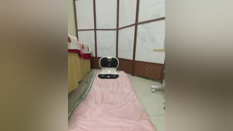 Video of a narrow, dimly lit room with a white, black, and pink scale placed on a pink mat. The room has a wicker partition with frosted glass panels and a yellow bed to the left.
