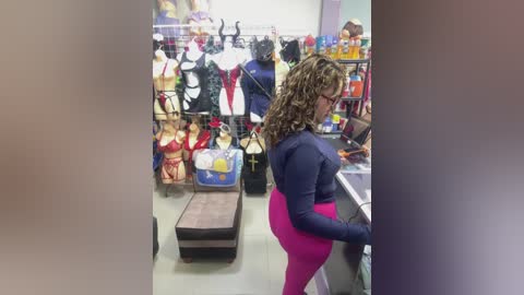 Video of a plus-sized woman with curly hair, wearing a navy-blue top and bright pink leggings, browsing mannequins in a costume store.