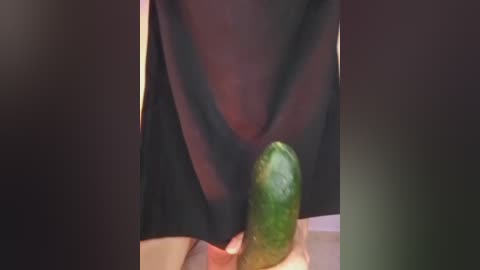 Video of a person's torso in a black V-neck shirt, holding a large, green avocado with a smooth texture. Background is dark and blurry.