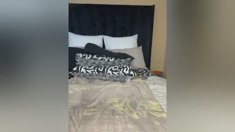 Video of a neatly made bed with a black upholstered headboard, white pillows, and a bedspread featuring a black and white pattern. The room has neutral walls and a simple, minimalist aesthetic.