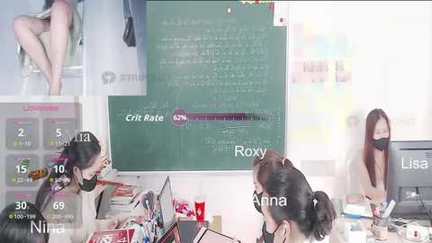 Video of a classroom with a green chalkboard, students wearing masks, and a TV displaying a live stream with names and ratings.