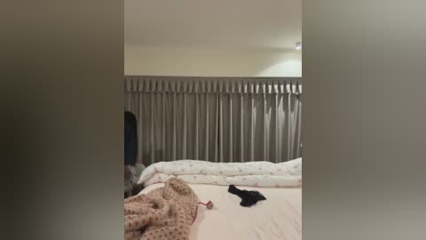 Video of a minimalist bedroom with a white bed, beige blanket, and gray curtains. A black cat is lying on the bed. The room is softly lit, giving a serene, cozy atmosphere.