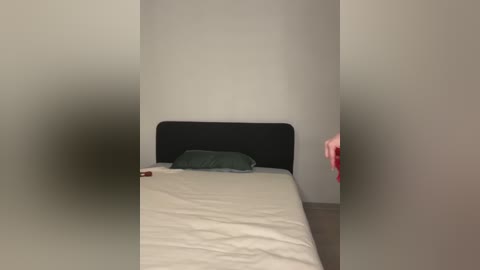 A video of a minimalist bedroom with a beige bed, black headboard, and green pillow. The background is a plain, light gray wall. The image is slightly blurred.