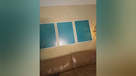 Media: Video of a beige wall with three blue-framed, frosted glass panels. A brown leather couch sits below, and a modern, minimalist light fixture hangs on the wall.