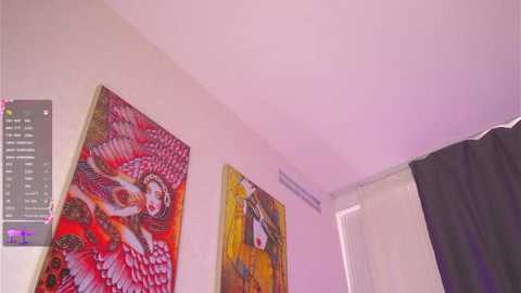 Video of a brightly lit room with two colorful, abstract paintings on a white wall. The left painting features a stylized figure in red and orange hues, while the right depicts an angelic figure in vivid reds and yellows.