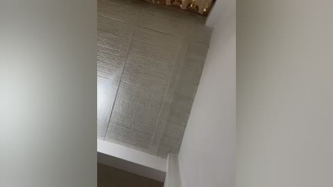 A video of a ceiling with a textured, light gray, concrete finish, bordered by white walls. The corner of a golden-framed artwork is partially visible in the top right. The image is taken from a low angle, emphasizing the ceiling's texture.