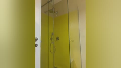 Video of a modern, yellow-painted bathroom with a glass shower enclosure, chrome fixtures, and a white ceiling fan. The scene features clean, minimalist design with a neutral color palette.
