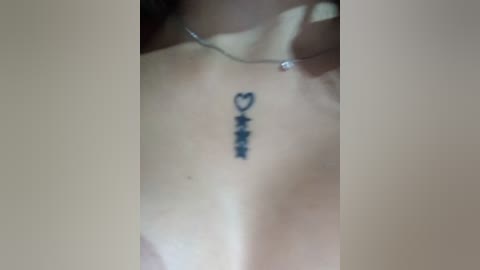 A close-up video of a person's upper chest, showcasing a small, black tattoo of a heart and a musical note. The person is topless, wearing a thin silver necklace with a small pendant. The background is blurred.