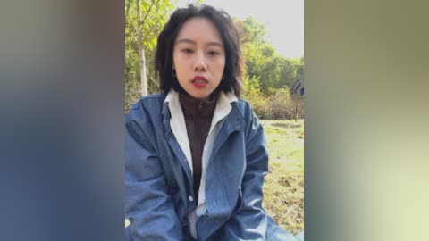 Video of an Asian woman with short black hair, wearing a blue jacket over a brown turtleneck, sitting in a grassy outdoor area with green foliage in the background.
