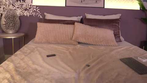 Video of a modern bedroom featuring a beige bed with two matching textured pillows, a small round table with a decorative vase, and a laptop on the bed.