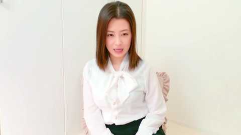 Video of an East Asian woman with shoulder-length brown hair, wearing a white blouse with a bow and black skirt, seated in a plain white room.