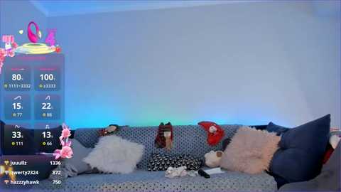 A video captures a messy, patterned couch in a room with a blue glow, adorned with stuffed toys, blankets, and scattered items, overlaid with a virtual game interface.