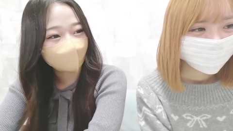Video of two young East Asian women with long, straight hair, one with black hair and the other with blonde. Both wear face masks and gray sweaters, sitting side by side against a blurred, white background.