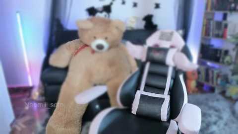 Video of a plush teddy bear in a gaming chair, with a blurred background featuring shelves of books and a floor lamp.