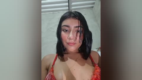 Video of a young woman with medium skin tone and shoulder-length black hair, wearing a red lace bra, standing in a dimly lit room with a white ladder in the background.