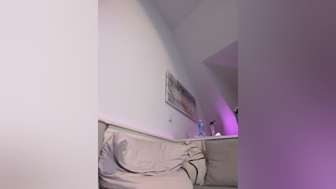 A video of a dimly lit bedroom with a white bed, a framed picture on the wall, and purple lighting creating a moody atmosphere.