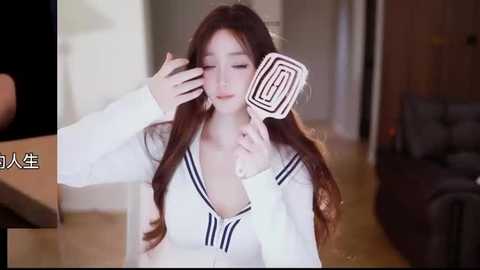 Video of an Asian woman with long brown hair, wearing a white sailor-style top, using a spiral hair curler, indoors with a blurred background.