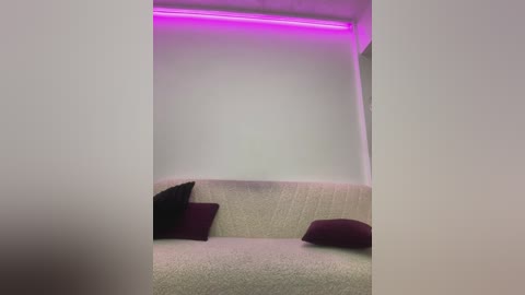 A video of a minimalist, modern living room with a beige couch, dark purple pillows, and a neon purple ceiling light. The walls are white, creating a serene and clean atmosphere.
