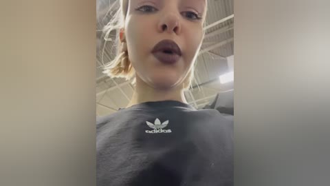 Media: Video of a young woman with pale skin, blonde hair, and dark lipstick, wearing a black Adidas shirt with a white logo, in a dimly lit gym with exposed beams.