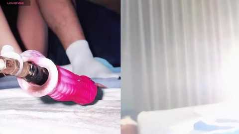 Video showing a close-up of a person's legs wearing white socks and pink fuzzy slippers, with a blurred background featuring white curtains.