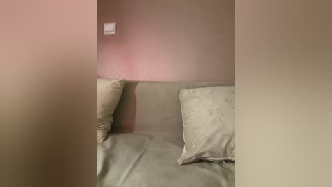 A video of a dimly lit, beige couch with two beige pillows, situated against a pinkish wall with a white light switch. The room's background is blurred, creating a soft, muted atmosphere.