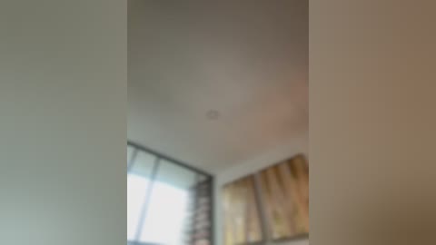 Blurry video of a modern room with a white ceiling, large windows with sheer curtains, and abstract wall art in earthy tones. The scene appears dimly lit, creating a soft, muted ambiance.