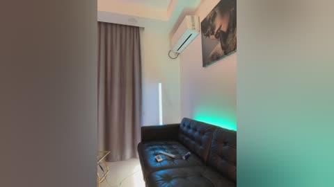Video of a minimalist, modern living room with a black leather sofa, beige curtains, a wall-mounted air conditioner, and a framed poster above the sofa.