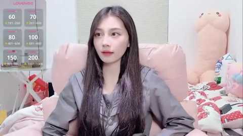 Video of an Asian woman with long black hair, light skin, and red lipstick, wearing a gray shirt, sitting in a plush pink chair in a room with stuffed animals and a fitness tracker display.