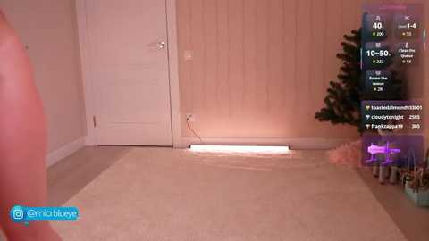 Video of a cozy, dimly-lit room with a beige carpet, white door, and a small Christmas tree, featuring a live stream overlay with viewers' comments.
