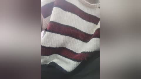Media: A video of a close-up view of a white and maroon striped sweater with ribbed texture, worn by a person, partially blurred background.