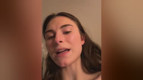 Video of a young woman with long brown hair, fair skin, and a slight blush, smiling slightly, against a blurred background of warm-toned vertical bars.