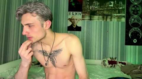 Video of a shirtless young man with short gray hair, tattoos on chest, and a black necklace, sitting on a bed in a dimly lit room with posters and a green light.