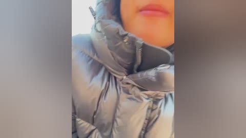 Media: Video of a person's head and neck in a puffy, shiny, silver-gray winter jacket, with a blurred background.