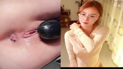 Video collage: Close-up of a light-skinned woman's vulva with a black dildo, and a side-by-side image of her wearing glasses, a beige top, and a necklace, indoors with curtains.