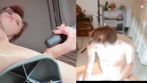 Side-by-side photos: a man with short brown hair, shirtless, using a black hairdryer on a woman with long brown hair, sitting in a chair; and a close-up of the man sitting on the floor in a room with white walls and a cluttered bookshelf.