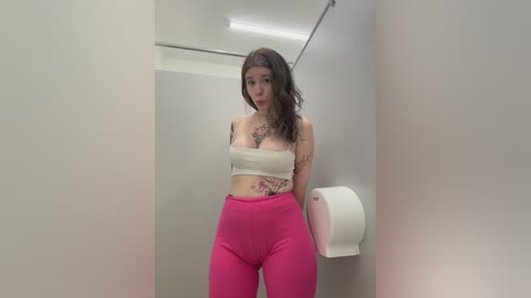 Media: Video of a Caucasian woman with curly brown hair, wearing a white crop top and bright pink leggings, standing in a public restroom with a wall-mounted toilet paper dispenser.