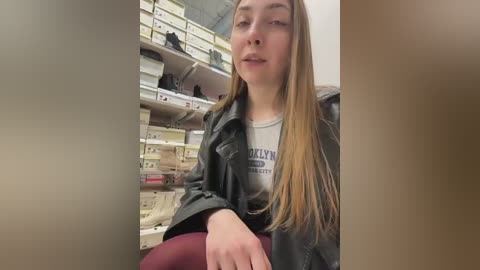 Media: Video of a young Caucasian woman with long blonde hair, sitting in an office, wearing a grey t-shirt and a black jacket. Background shows bookshelves with yellow folders and a gray carpet.