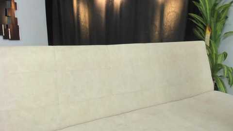 Video of a beige, tufted sofa with a smooth texture, set against a backdrop of a dark curtain and a green plant.