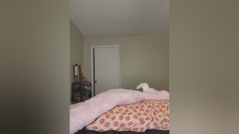 Video of a beige-walled bedroom with a white door, a pink floral-patterned bedspread, and a small, cluttered wooden nightstand.