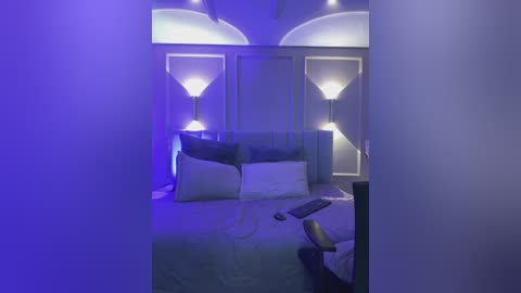 Video of a modern bedroom with a large bed, white pillows, and two large, modern wall sconces with soft, blue lighting. The room has a contemporary design with minimalistic decor.