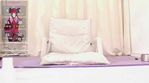 A video of a modern white leather armchair in a minimalist room, featuring a large anime poster of a red-haired girl with large breasts and a pink outfit.