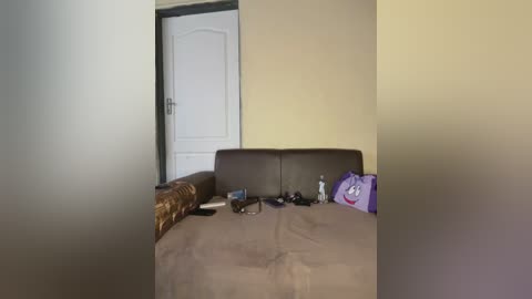 A video of a small, sparsely furnished bedroom with a brown bedspread, a dark brown headboard, a white door, a brown leather couch, and a purple bag on the floor.