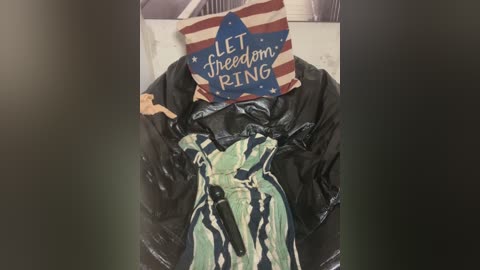 A video of a draped black flag with a white and green striped design, adorned with a patriotic blue star and white text \"LET FREEDOM RING,\" resting on a white surface.