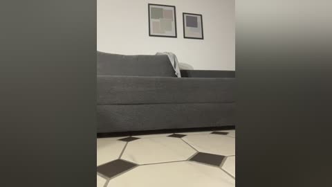Video of a minimalist living room featuring a grey sofa against a white wall, with two framed abstract art pieces above it. The floor is covered in hexagonal black and white tiles resembling a soccer field.