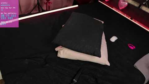 Video of a plush, black, satin-covered bed with a beige pillow and black pillow, pink vibrator, and a white mouse on a dark, textured surface.