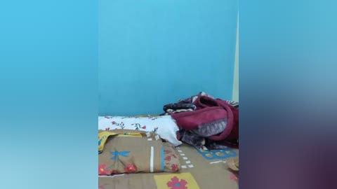 Video of a simple, sparsely furnished room with a blue wall. A red and white bag lies on a patterned bedspread with yellow and red designs. The floor is bare, and the room is clean but lacks personal items.