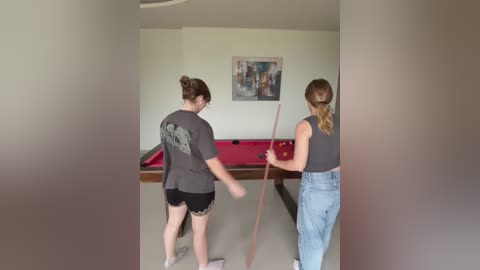 Video of two women in casual attire playing pool in a brightly lit room with a red pool table and a framed photo on the wall.