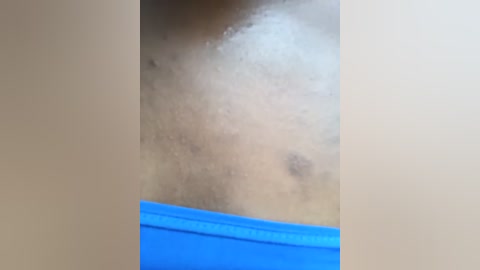 Video of a close-up, partially obscured hairy, light-skinned groin with a blue garment partially covering the right side. The background is blurred, suggesting a domestic setting.